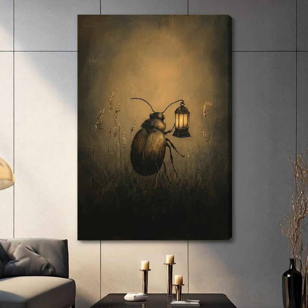 Stretched beetle carrying lantern canvas with a shaded wrapped edge in the selected room setting.