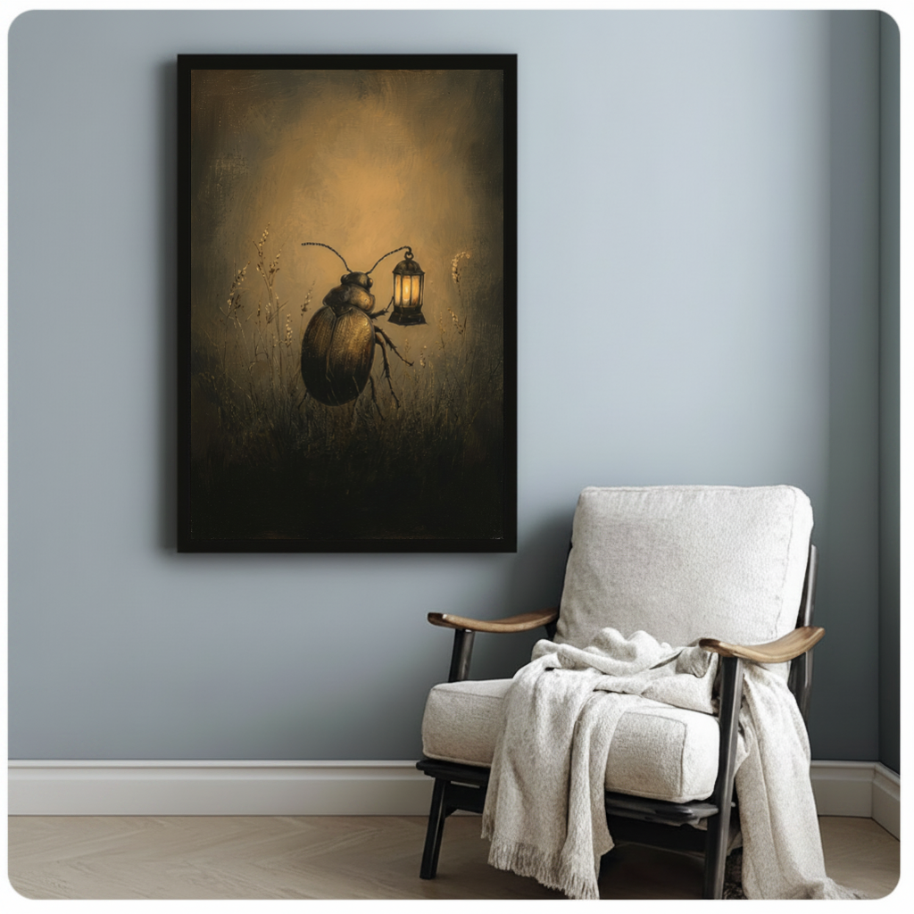 Framed beetle carrying lantern canvas beside a pale reading chair on a blue gray wall.