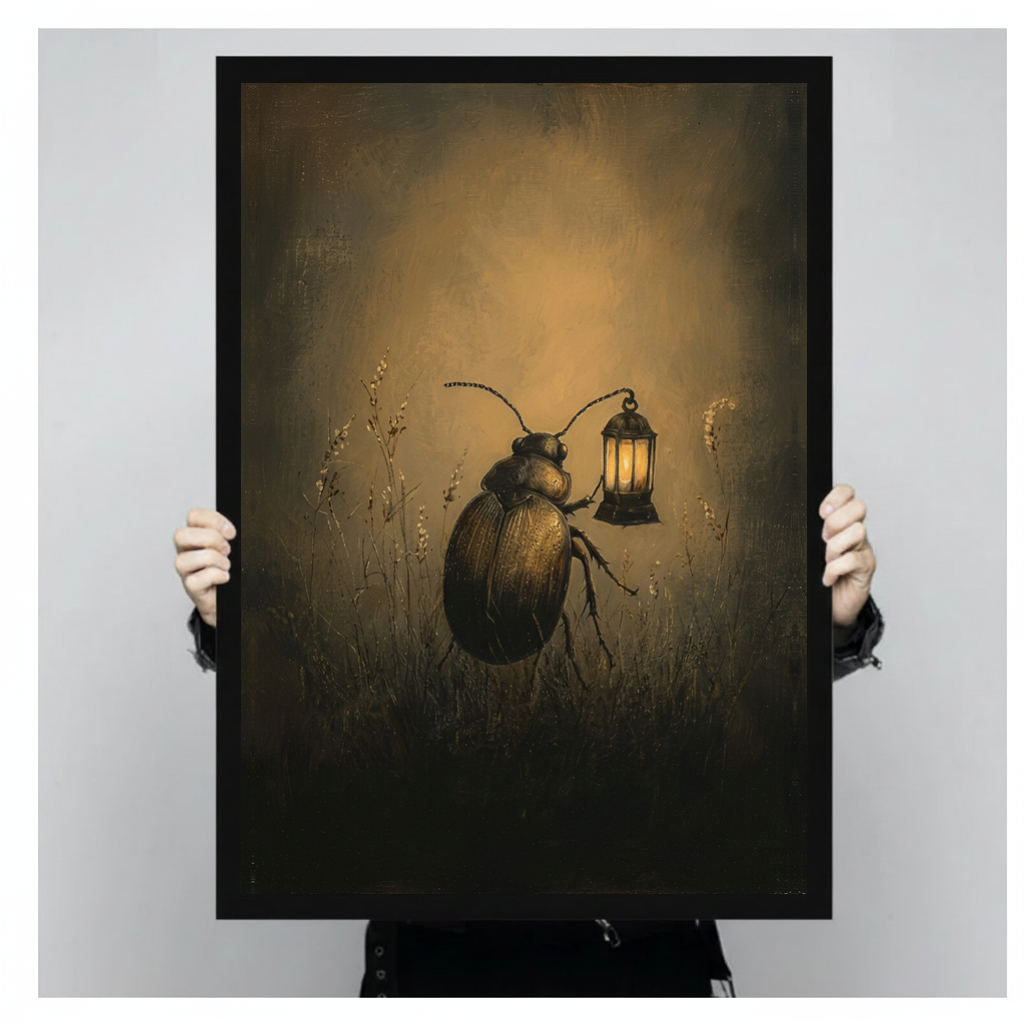 Framed beetle carrying lantern canvas held by a person against a light neutral background.