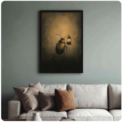 Framed beetle carrying lantern canvas above a neutral sofa with cushions against a muted wall.
