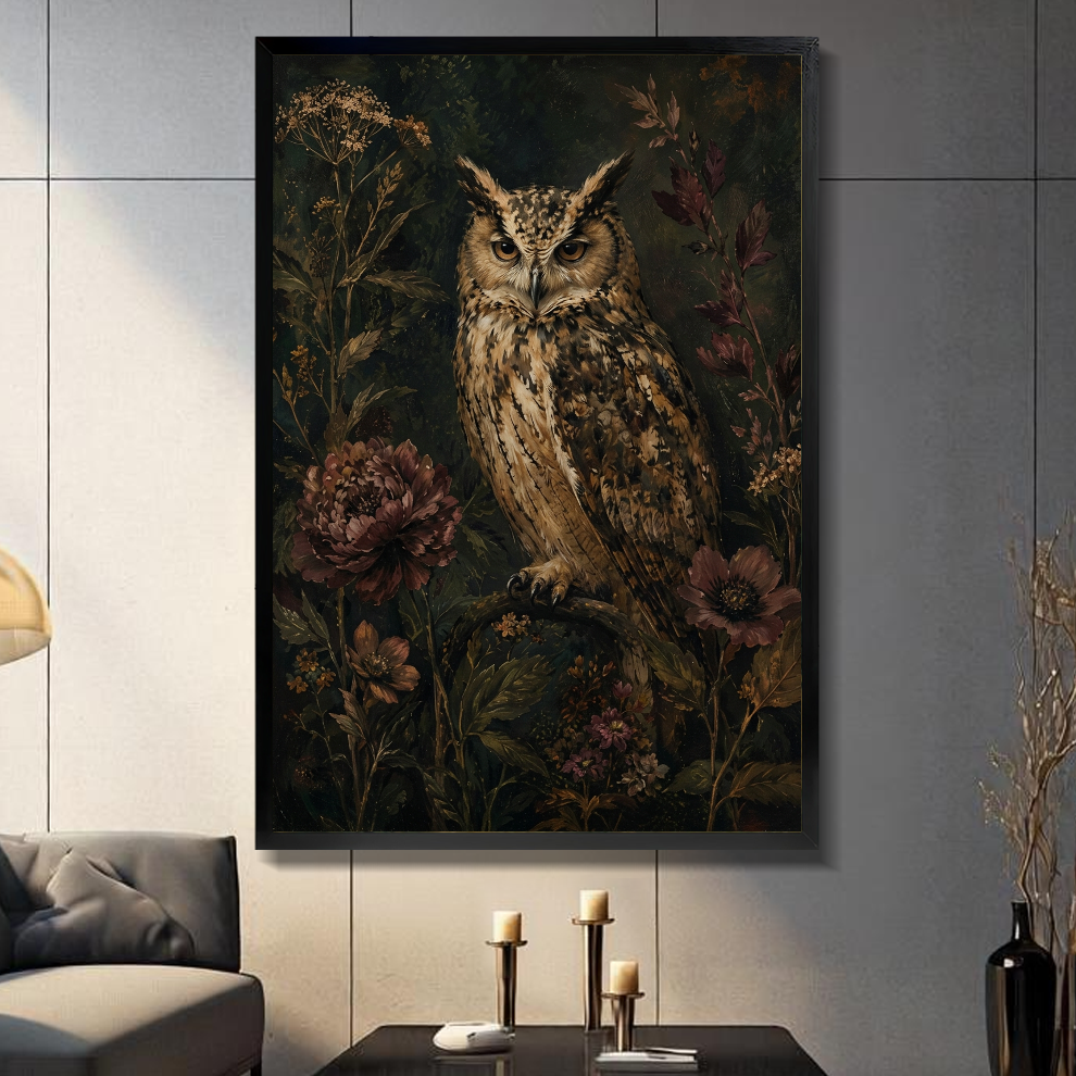 Black framed owl among dark flowers canvas on a dark paneled wall beside warm candles.