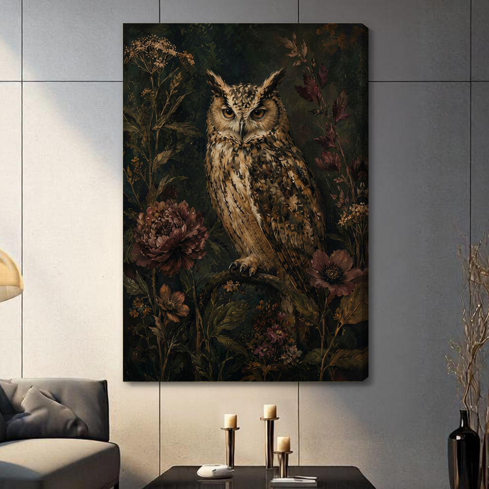 Stretched owl among dark flowers canvas with a shaded wrapped edge in the selected room setting.