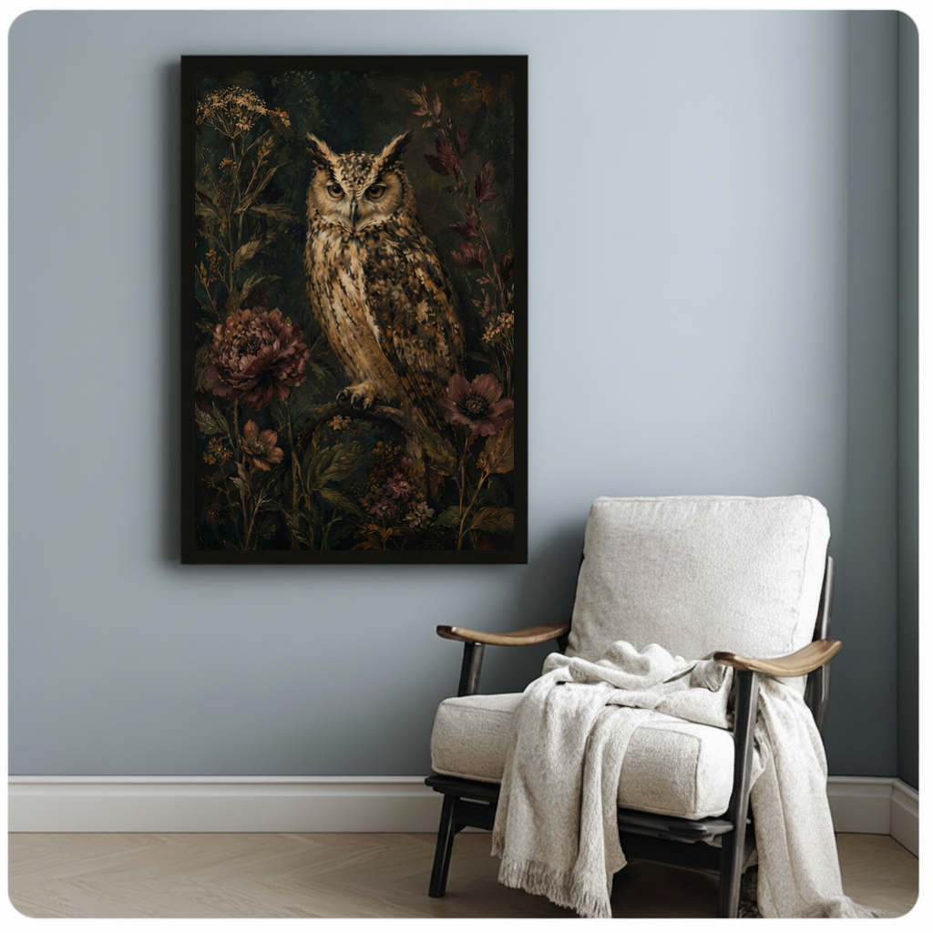 Framed owl among dark flowers canvas beside a pale reading chair on a blue gray wall.