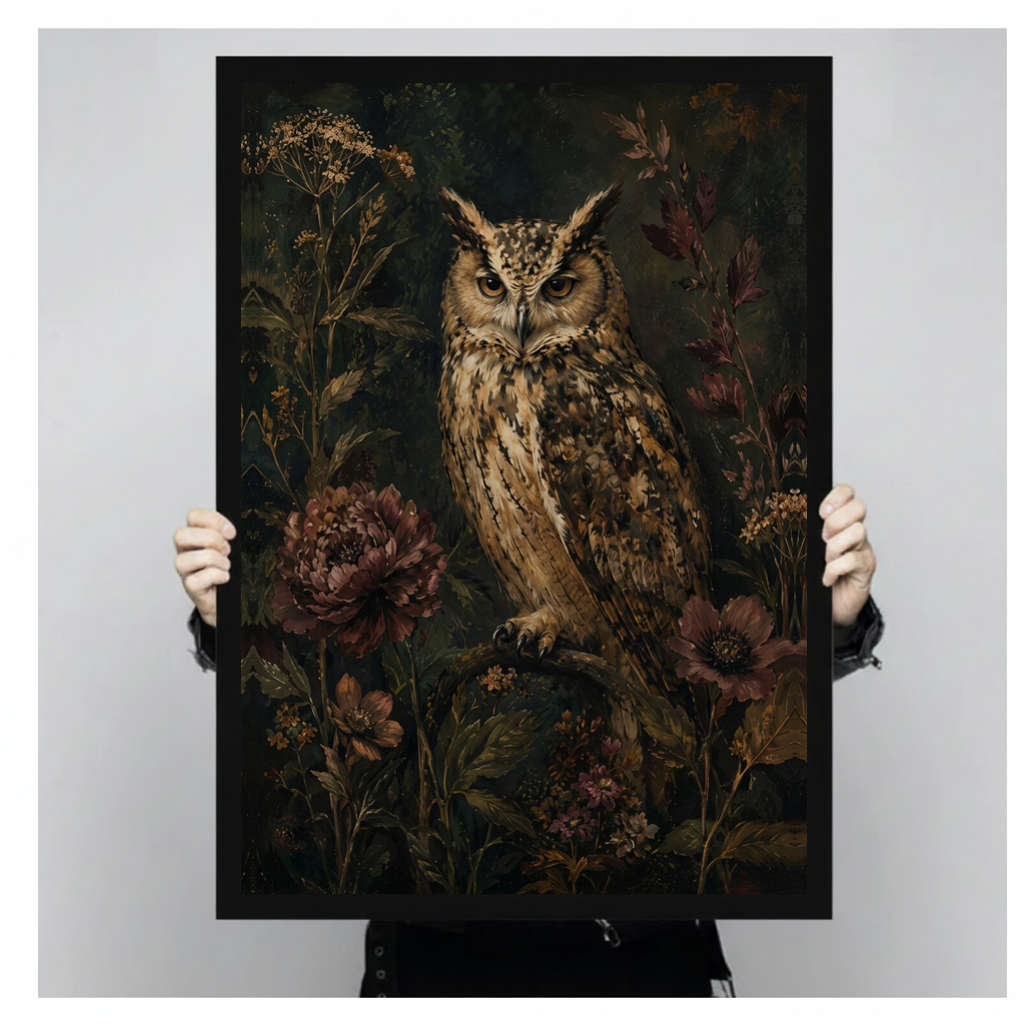Framed owl among dark flowers canvas held by a person against a light neutral background.