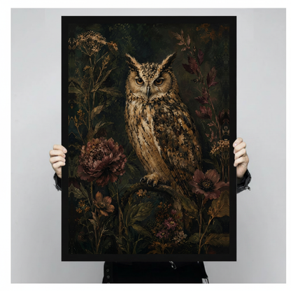 Framed owl among dark flowers canvas held by a person against a light neutral background.