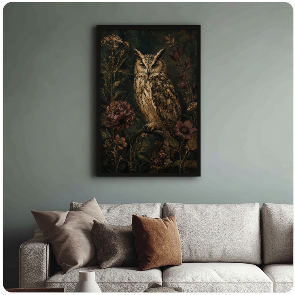 Framed owl among dark flowers canvas above a neutral sofa with cushions against a muted wall.