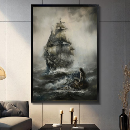 Black framed storm ship and woman canvas on a dark paneled wall beside warm candles.