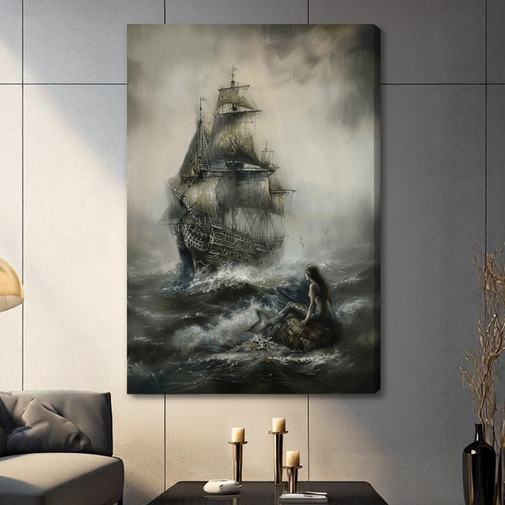 Stretched storm ship and woman canvas with a shaded wrapped edge in the selected room setting.