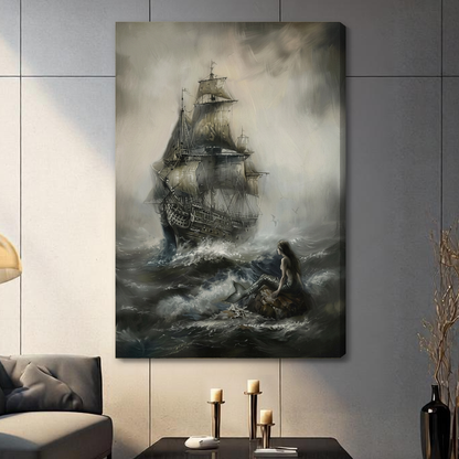Stretched storm ship and woman canvas with a shaded wrapped edge in the selected room setting.