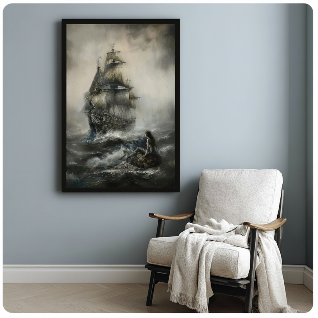 Framed storm ship and woman canvas beside a pale reading chair on a blue gray wall.