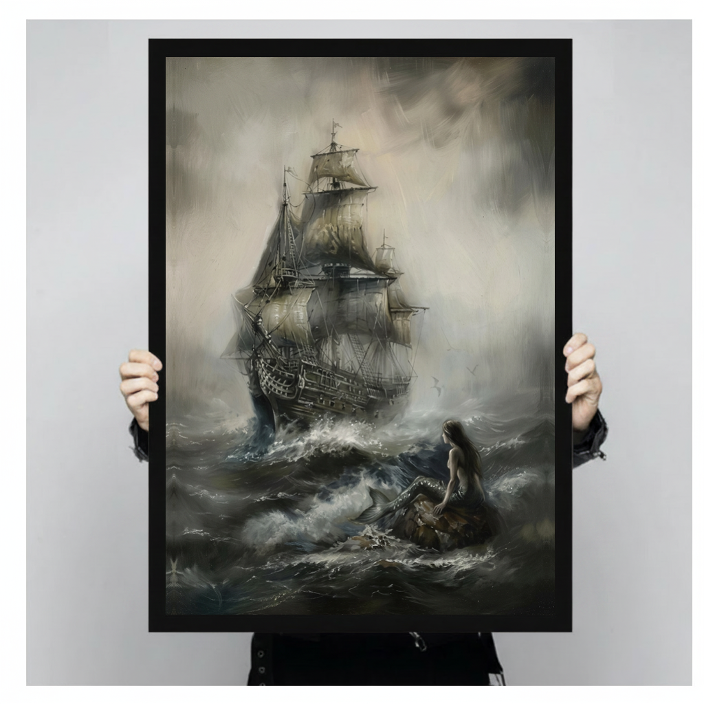 Framed storm ship and woman canvas held by a person against a light neutral background.