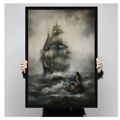 Framed storm ship and woman canvas held by a person against a light neutral background.