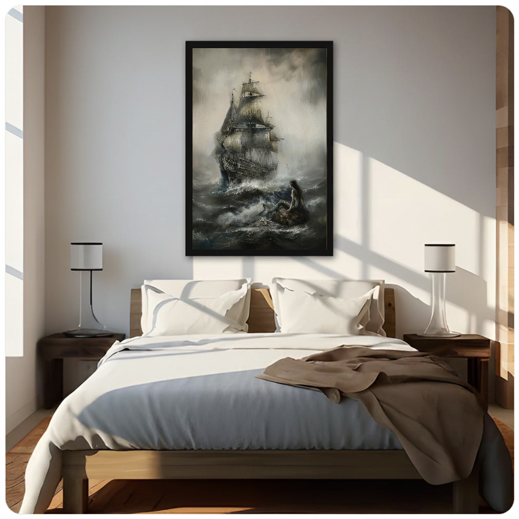 Framed storm ship and woman canvas above a neutral bed beside soft bedroom lighting and lamps.