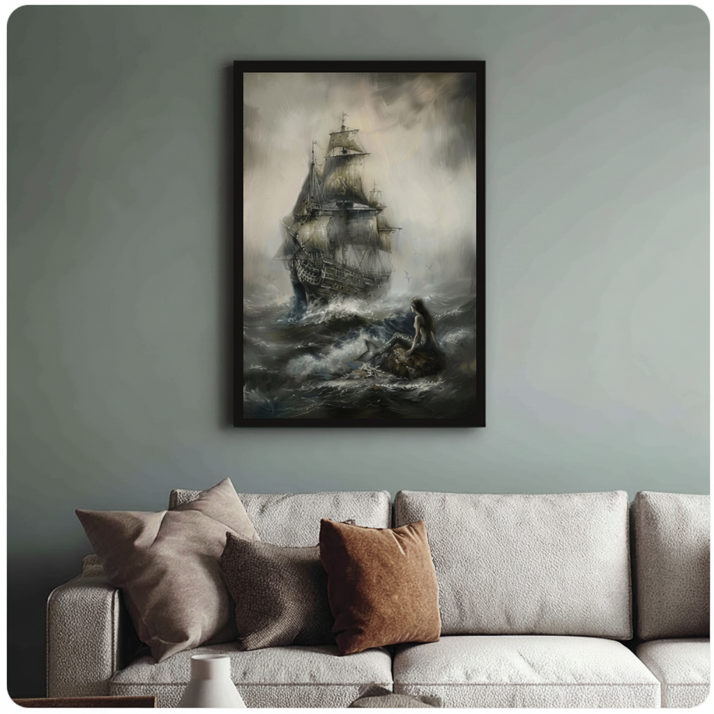 Framed storm ship and woman canvas above a neutral sofa with cushions against a muted wall.