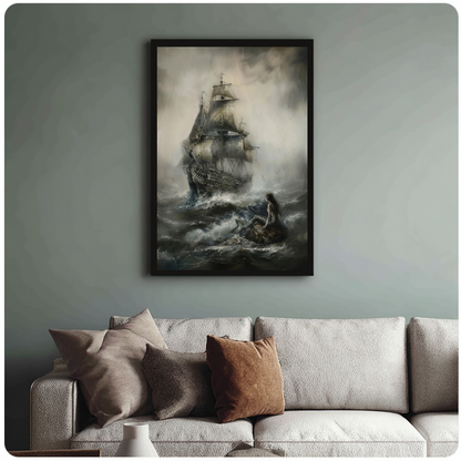 Framed storm ship and woman canvas above a neutral sofa with cushions against a muted wall.