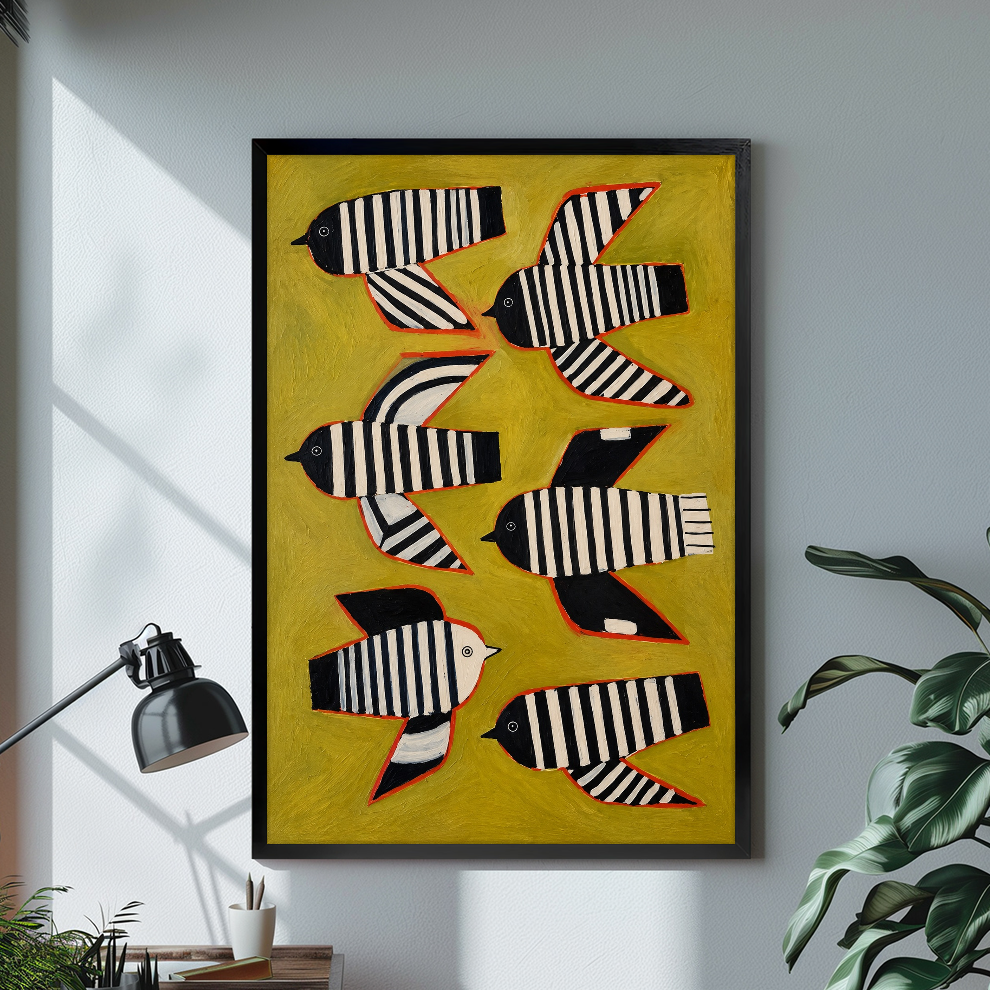 Black framed six striped folk birds canvas on a pale wall above a desk and plant.