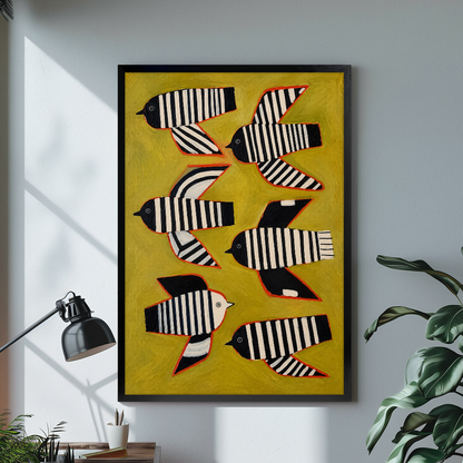 Black framed six striped folk birds canvas on a pale wall above a desk and plant.