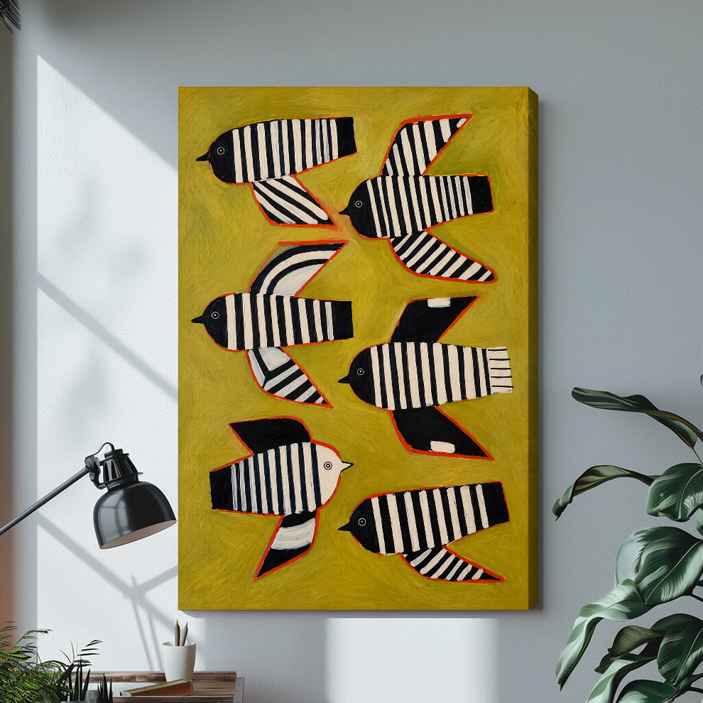 Stretched six striped folk birds canvas with a shaded wrapped edge in the selected room setting.
