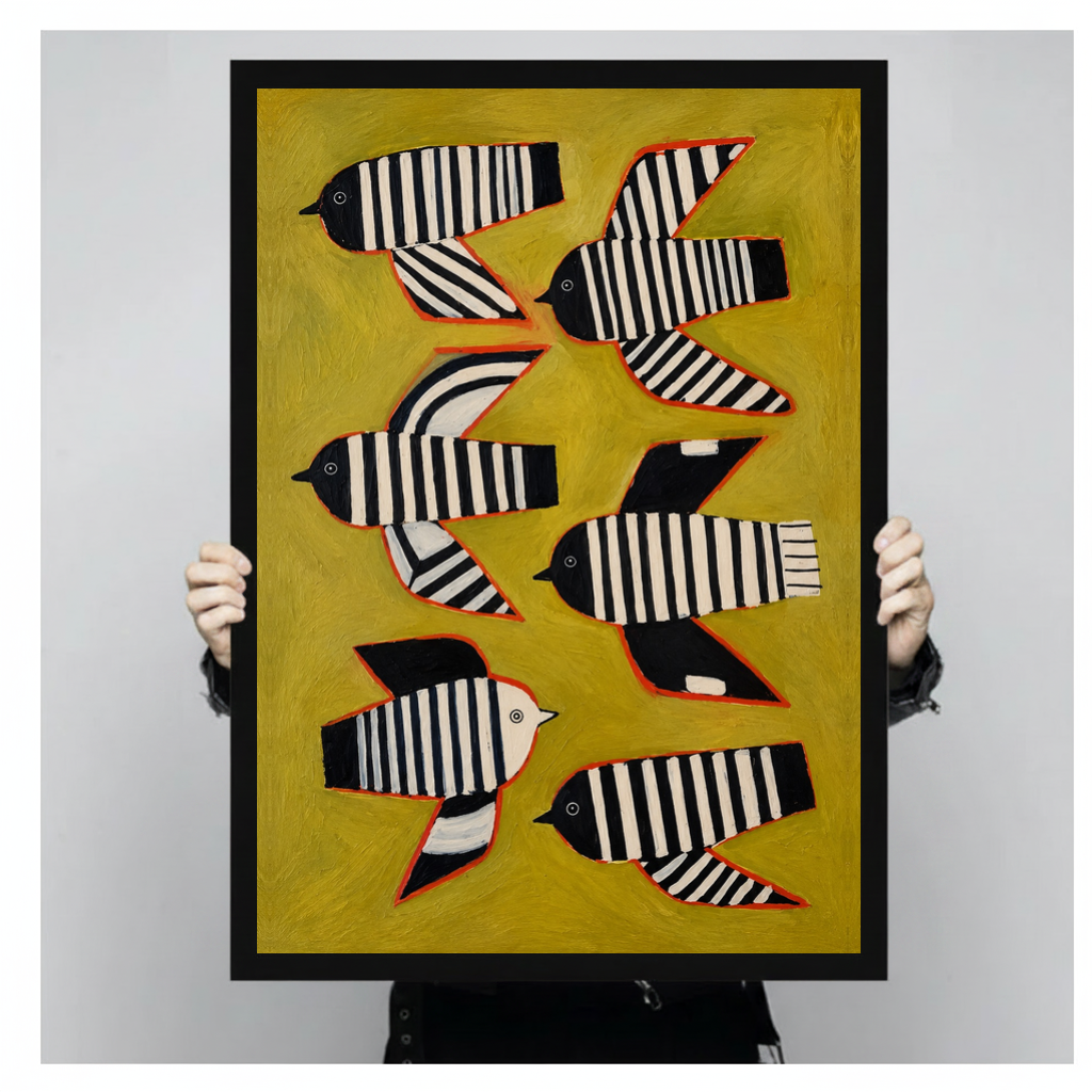 Framed six striped folk birds canvas held by a person against a light neutral background.