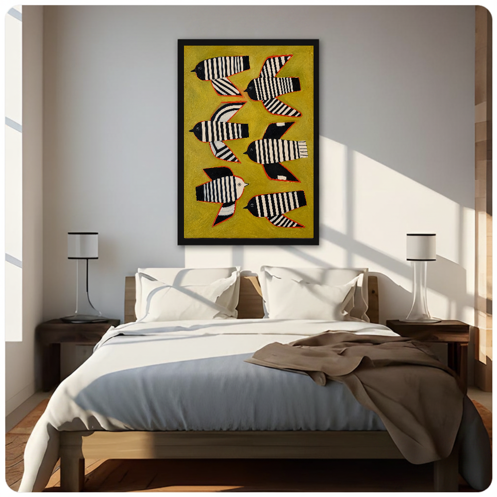 Framed six striped folk birds canvas above a neutral bed beside soft bedroom lighting and lamps.