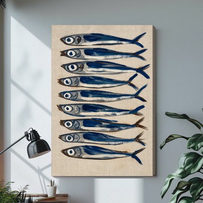 Stretched nine blue sardines canvas with a shaded wrapped edge in the selected room setting.