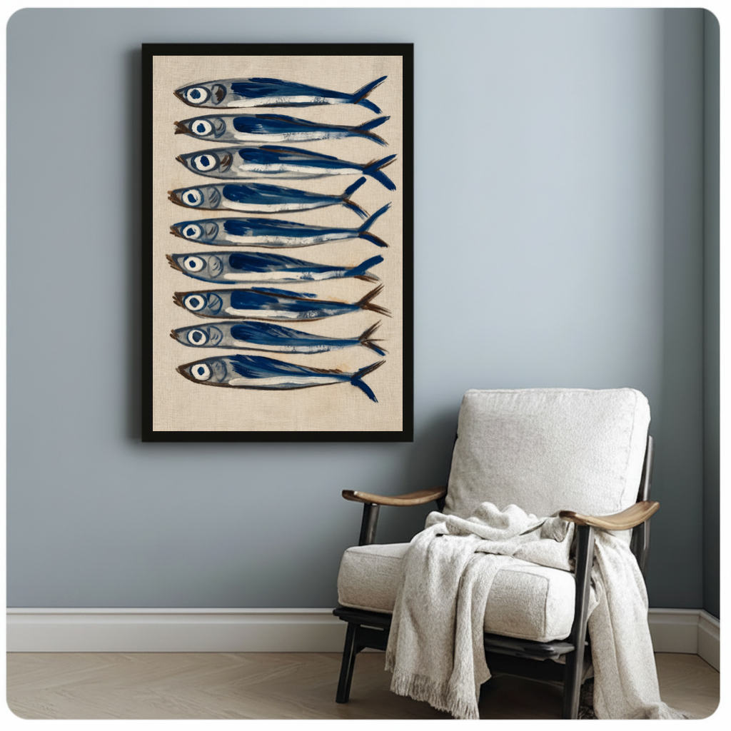 Framed nine blue sardines canvas beside a pale reading chair on a blue gray wall.