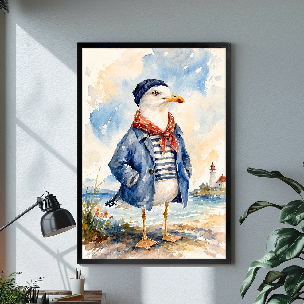 Black framed seagull red scarf canvas on a pale wall above a desk and plant.