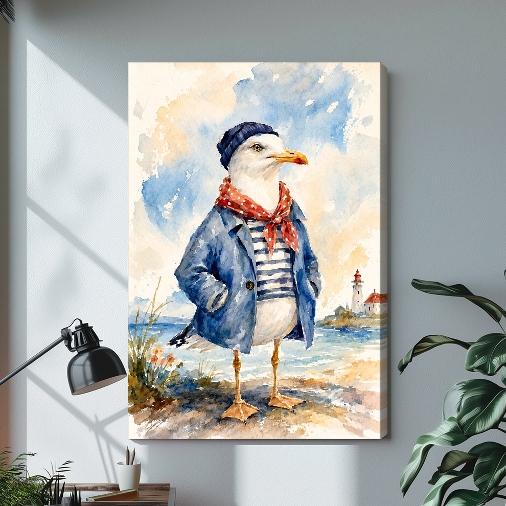 Stretched seagull red scarf canvas with a shaded wrapped edge in the selected room setting.