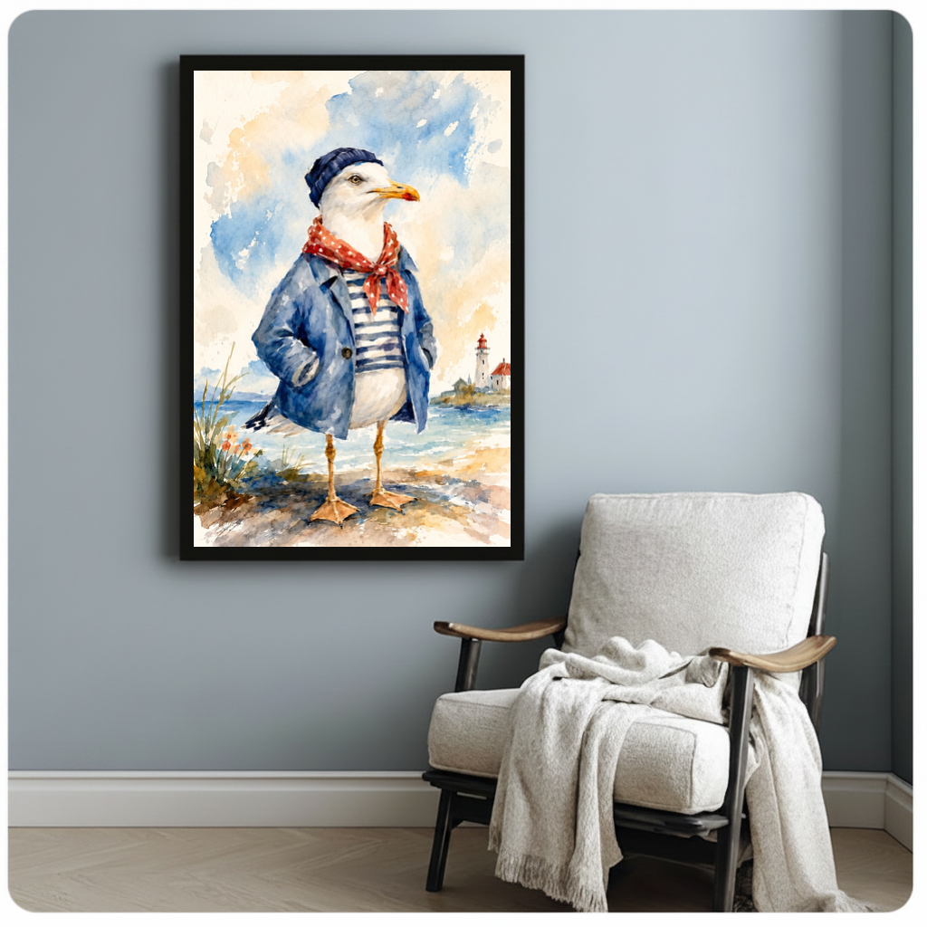 Framed seagull red scarf canvas beside a pale reading chair on a blue gray wall.