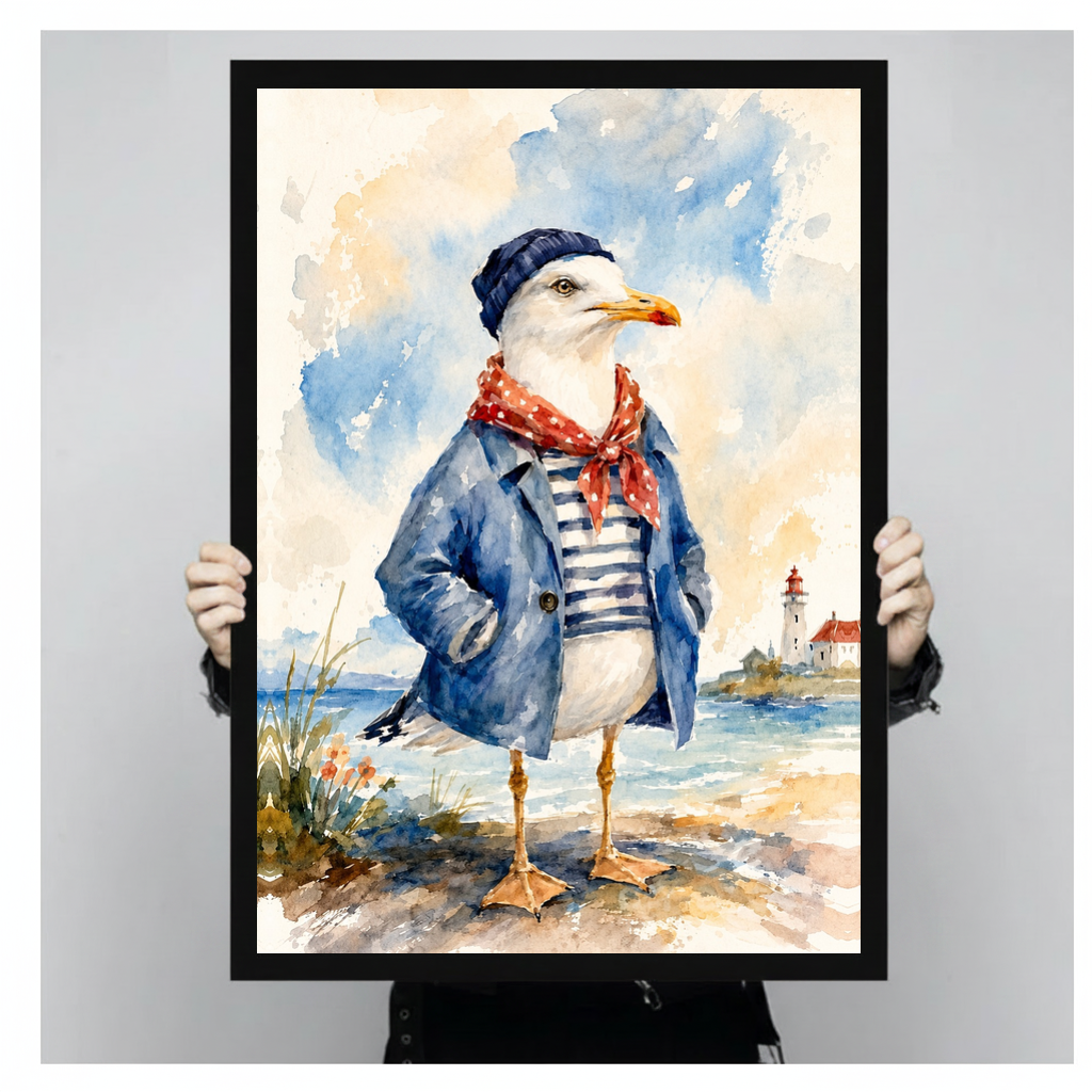 Framed seagull red scarf canvas held by a person against a light neutral background.