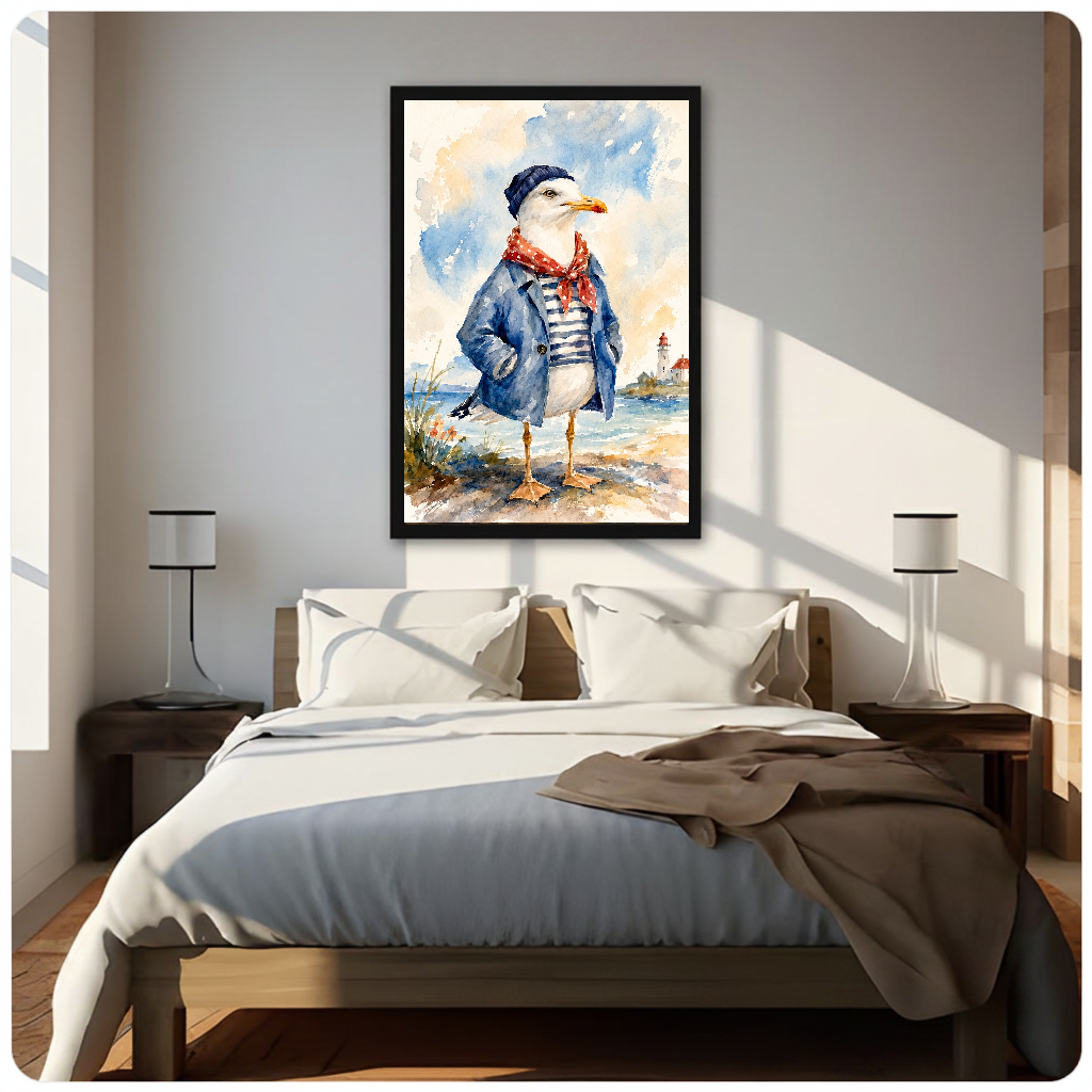 Framed seagull red scarf canvas above a neutral bed beside soft bedroom lighting and lamps.
