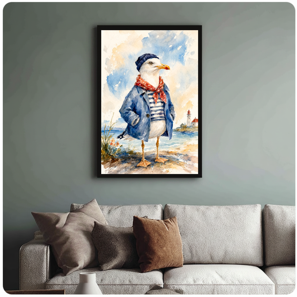 Framed seagull red scarf canvas above a neutral sofa with cushions against a muted wall.