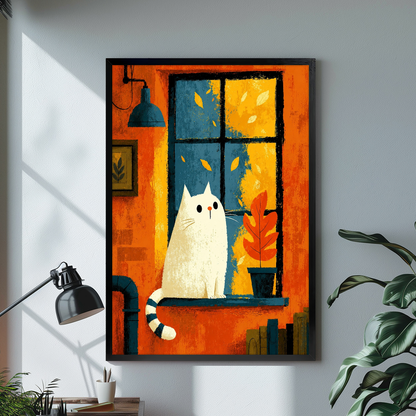 Black framed white cat orange window canvas on a pale wall above a desk and plant.