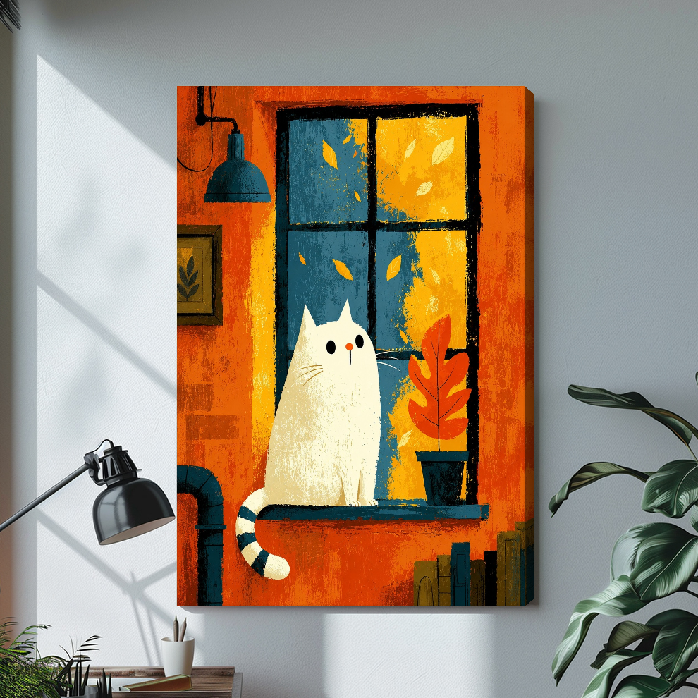 Stretched white cat orange window canvas with a shaded wrapped edge in the selected room setting.