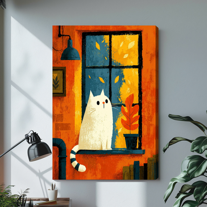 Stretched white cat orange window canvas with a shaded wrapped edge in the selected room setting.
