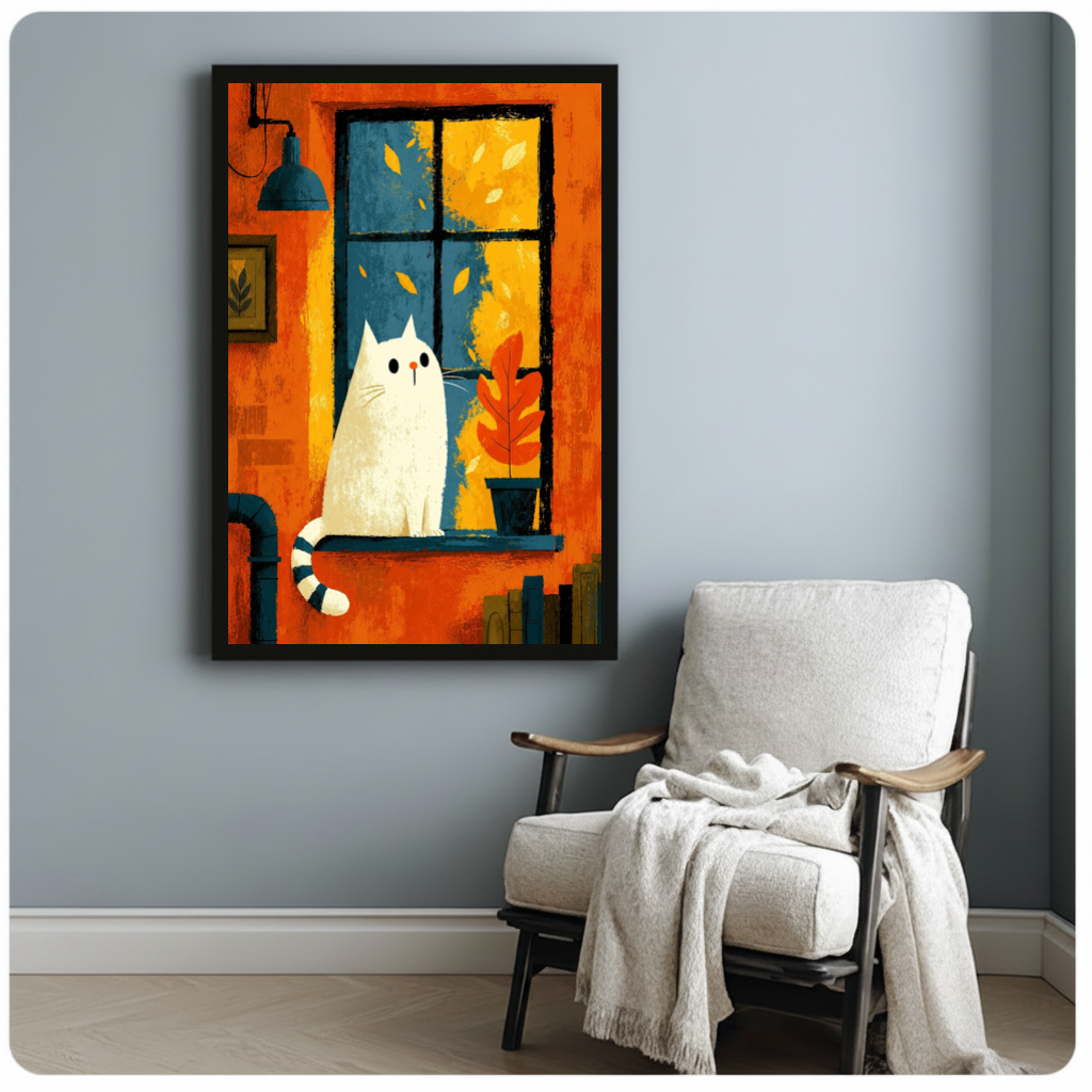 Framed white cat orange window canvas beside a pale reading chair on a blue gray wall.