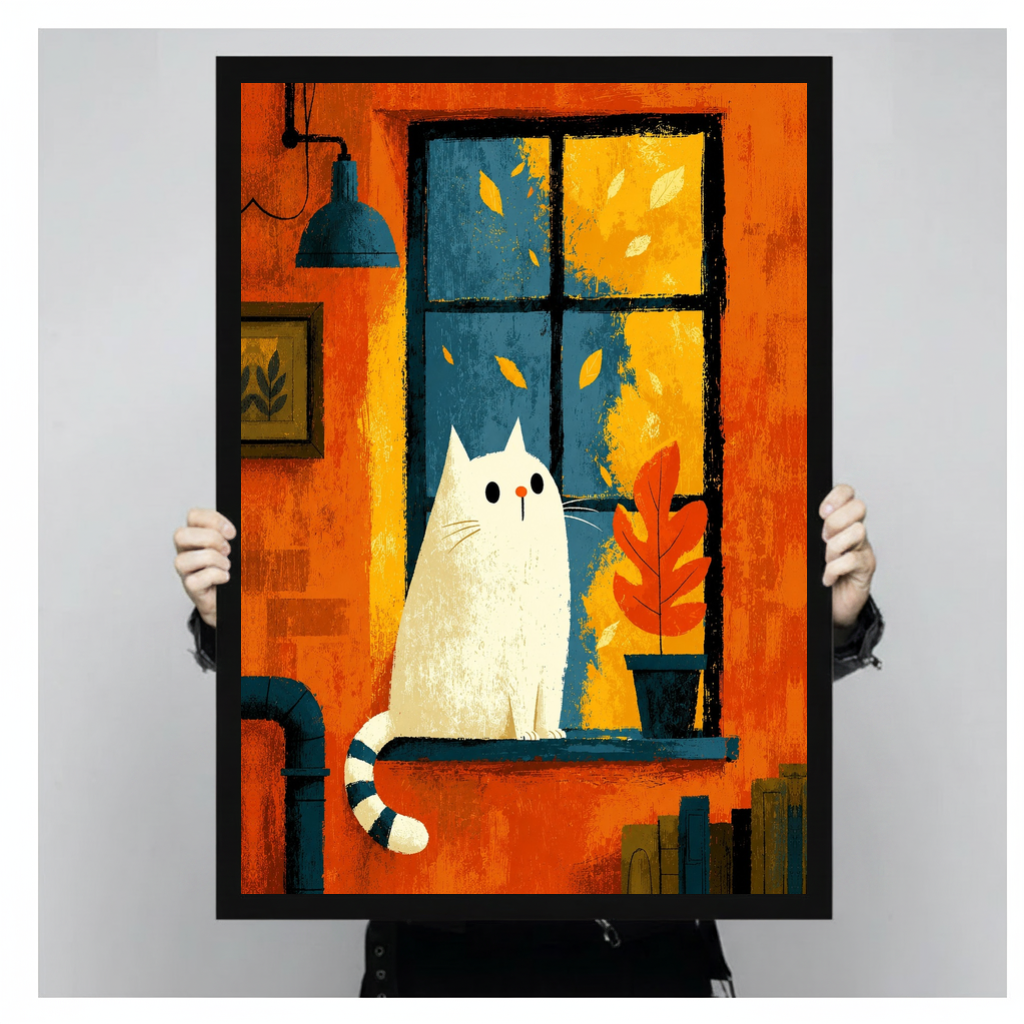 Framed white cat orange window canvas held by a person against a light neutral background.