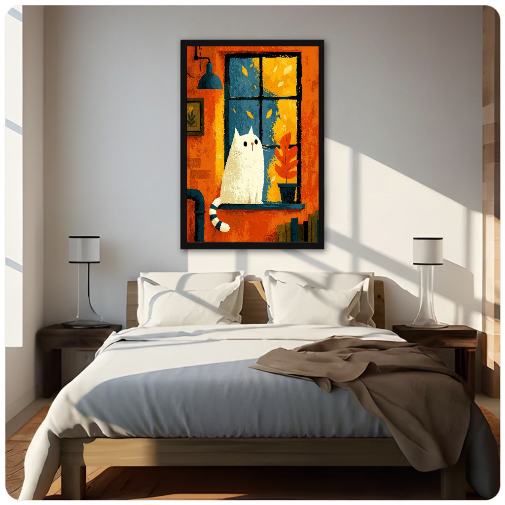 Framed white cat orange window canvas above a neutral bed beside soft bedroom lighting and lamps.