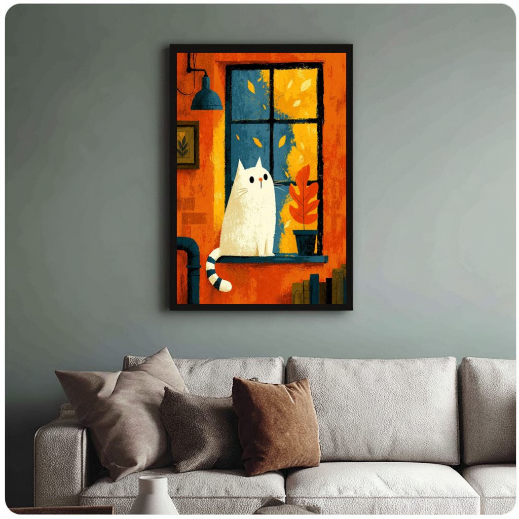 Framed white cat orange window canvas above a neutral sofa with cushions against a muted wall.
