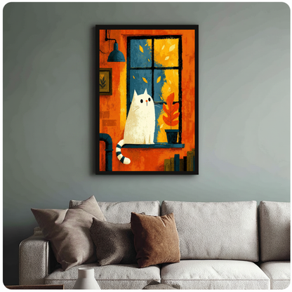 Framed white cat orange window canvas above a neutral sofa with cushions against a muted wall.