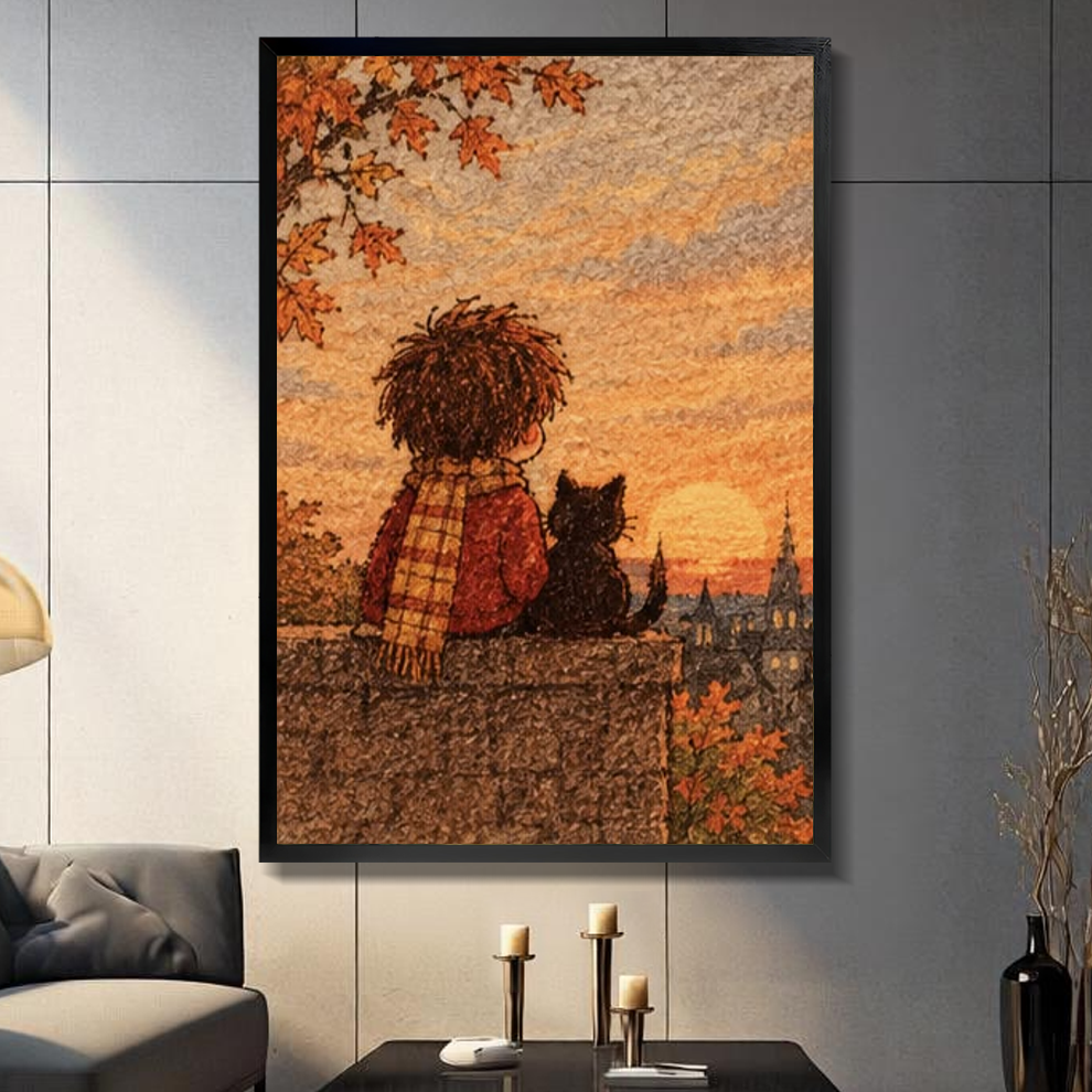 Black framed boy and autumn cat canvas on a dark paneled wall beside warm candles.
