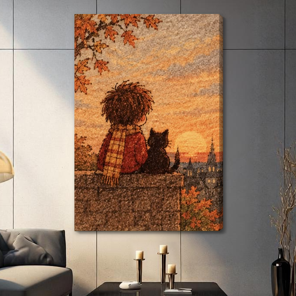 Stretched boy and autumn cat canvas with a shaded wrapped edge in the selected room setting.