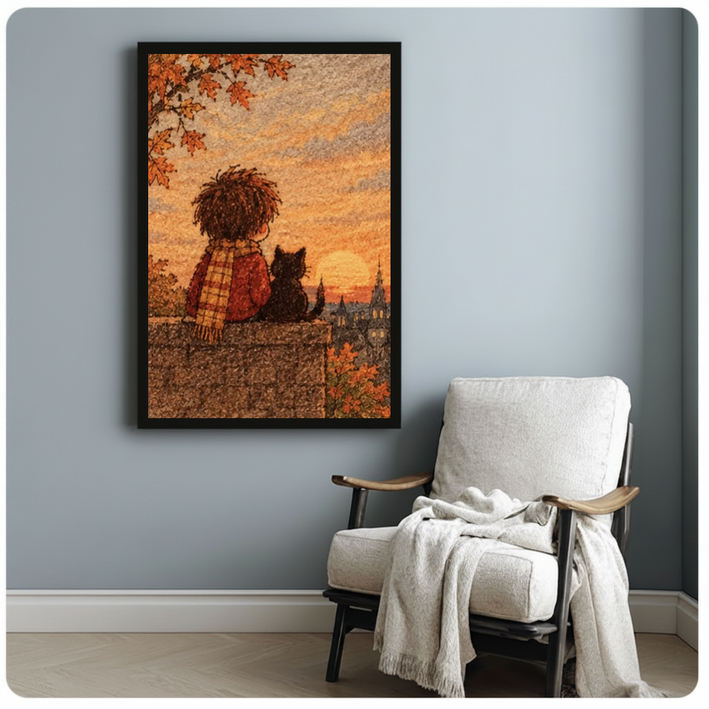 Framed boy and autumn cat canvas beside a pale reading chair on a blue gray wall.