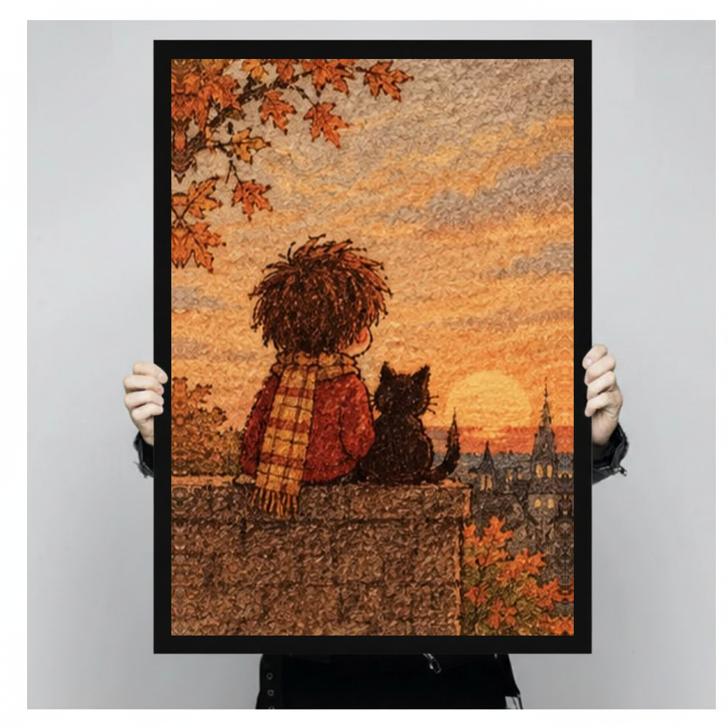 Framed boy and autumn cat canvas held by a person against a light neutral background.