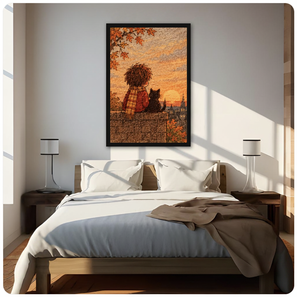 Framed boy and autumn cat canvas above a neutral bed beside soft bedroom lighting and lamps.