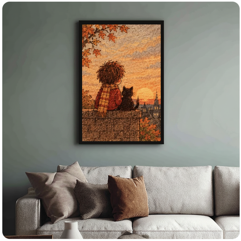 Framed boy and autumn cat canvas above a neutral sofa with cushions against a muted wall.