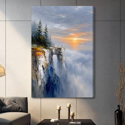 Stretched golden cliff sunrise canvas with a shaded wrapped edge in the selected room setting.