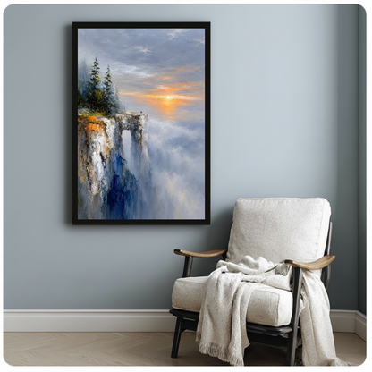Framed golden cliff sunrise canvas beside a pale reading chair on a blue gray wall.