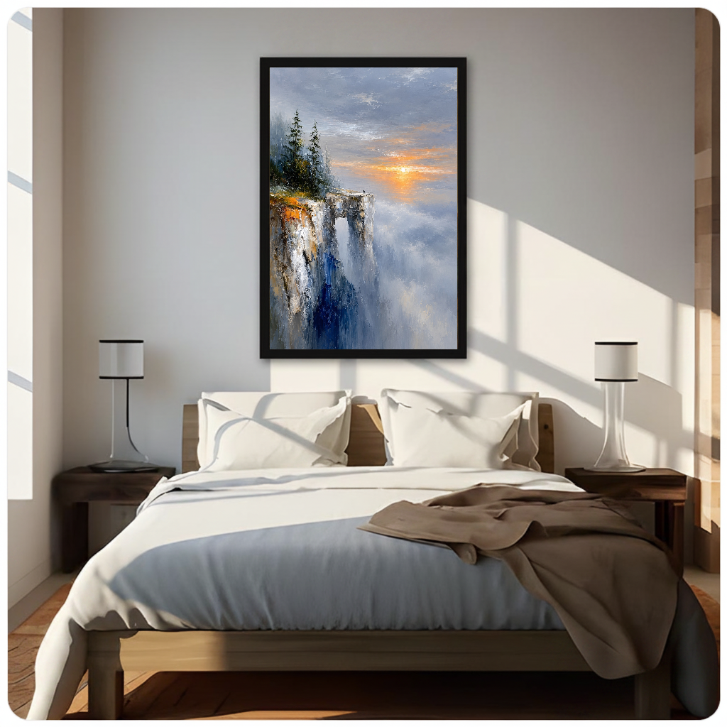 Framed golden cliff sunrise canvas above a neutral bed beside soft bedroom lighting and lamps.