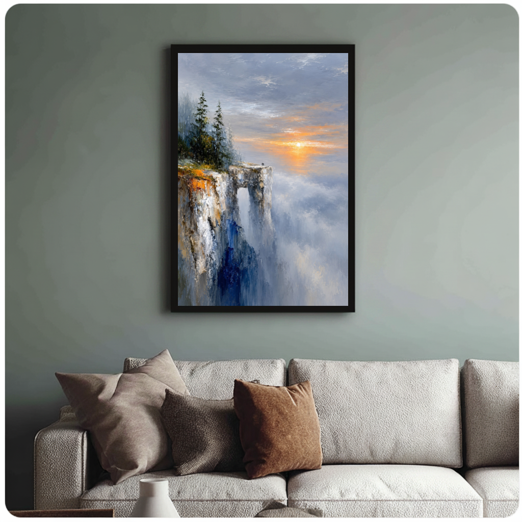 Framed golden cliff sunrise canvas above a neutral sofa with cushions against a muted wall.